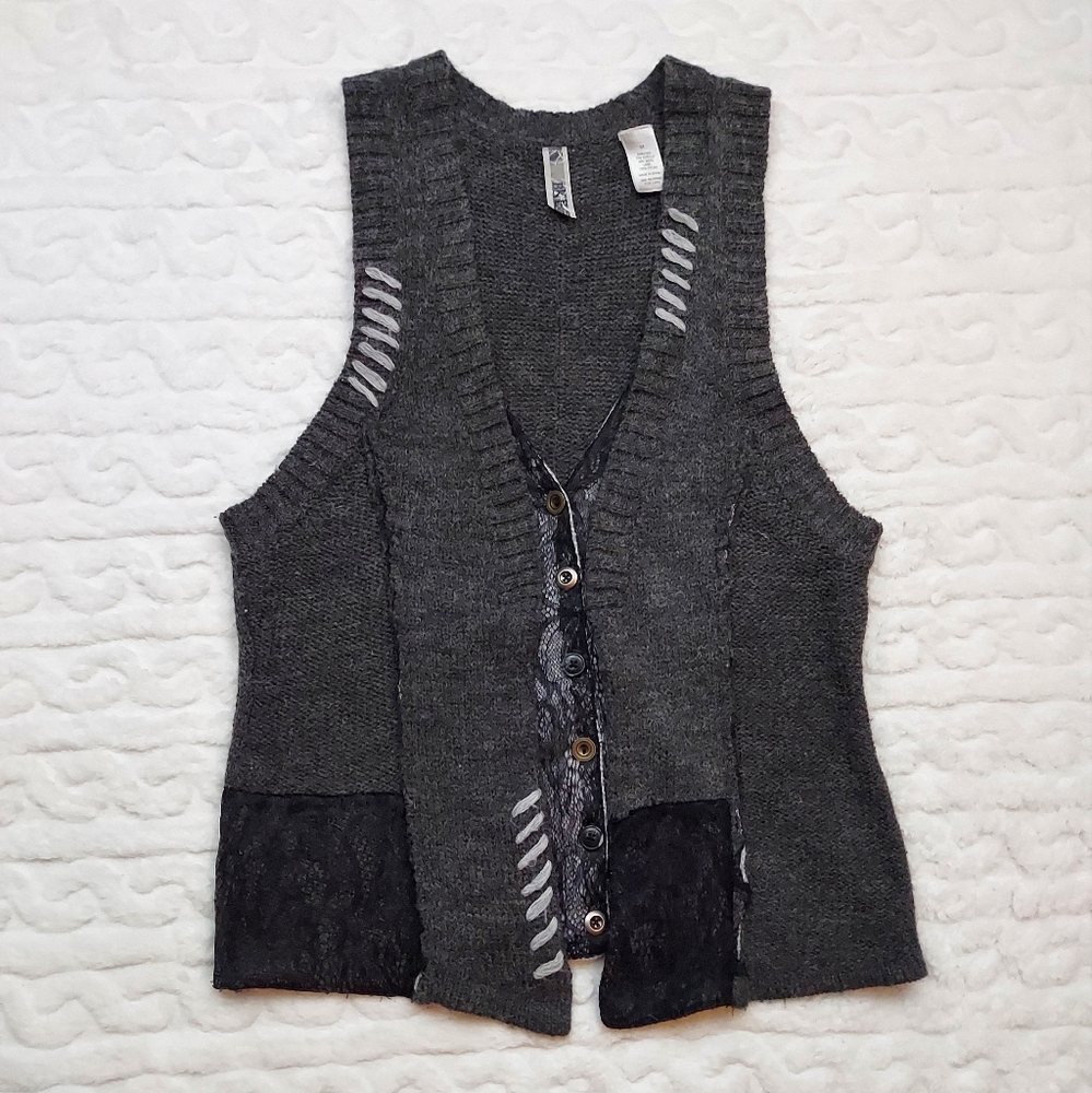 BKE Gray Black Lace Detail Wool Blend Sweater Vest Size M